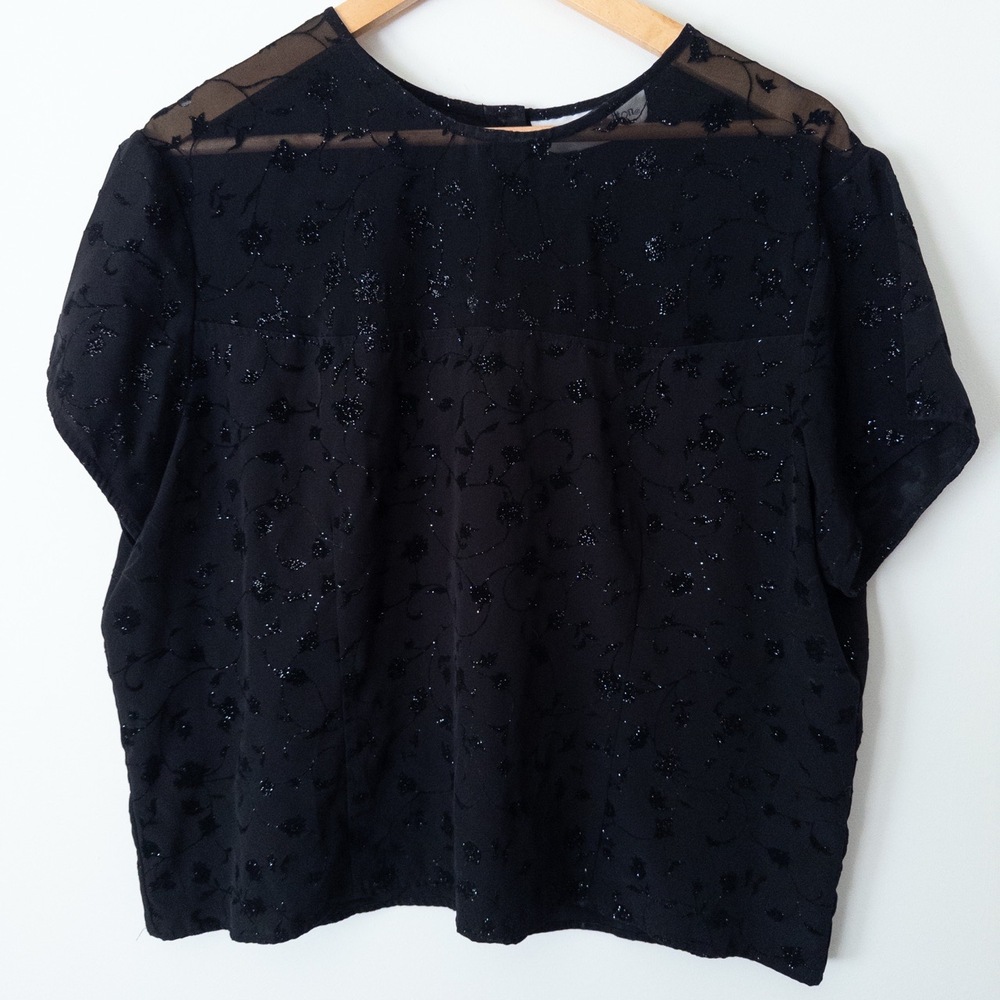 Vintage 90s Black Burnout Velvet Blouse 18 Whimsigoth‎ Sheer Witchy Moody Boxy
